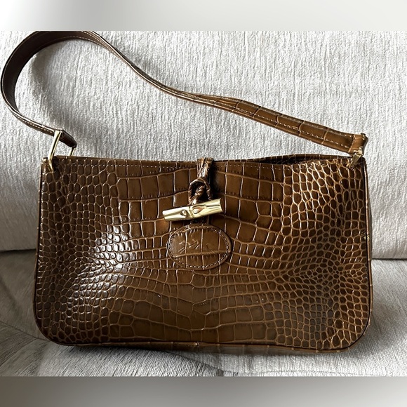 Longchamp Handbags - Longchamp Small Roseau Croc Embossed Top Handle Bag Leather